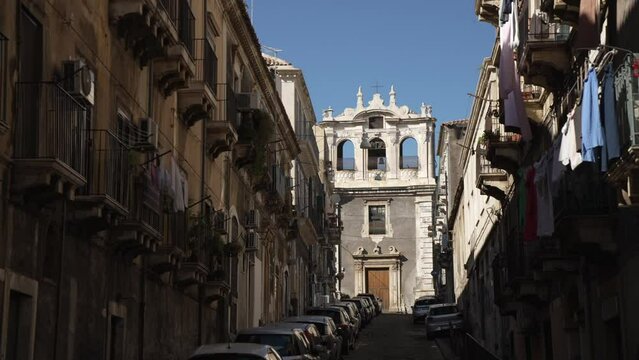 Front of Terme Romane open air museum from narrow street, Catania, Sicily, Italy, Mediterranean, Europe