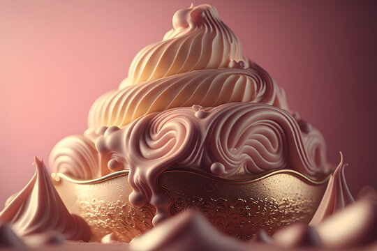 lose up of a whipped chocolate swirl. Chocolate splash on dark background. 3d renderingd illustration. Generative AI technology.