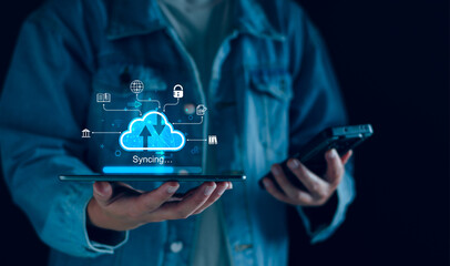 Cloud computing diagram show on virtual screen. Cloud syncing technology. Data storage. Network internet service concept, Big Data, upload, download, database, Information system management technology
