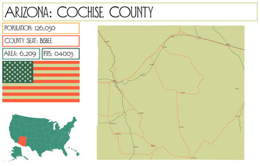 Large and detailed map of Cochise County in Arizona, USA.