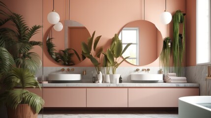 A stylish modern bathroom counter featuring pastel colors and a fresh plant accent, created by AI.