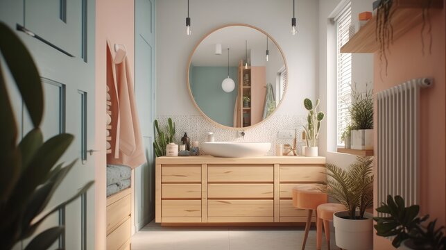 A stylish modern bathroom counter featuring pastel colors and a fresh plant accent, created by AI.