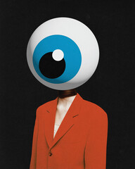 Woman in colorful red jacked headed with giant eye over black background. No emotions and feelings....
