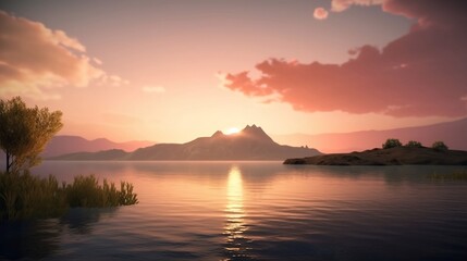 Fototapeta na wymiar Mountains landscape with island at sunset. Created using generative AI
