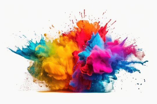 Colourful paint splashes, Coloured powder explosion. Paint Holi, Mix rainbow splash on isolated white background - Generative AI Illustration