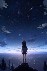 illustration of A Girl standing over the city and looking at the Moon and stars over the city horizon. Generative Ai.