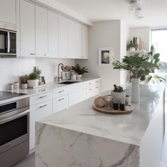 A sleek modern kitchen featuring white colors and a vibrant plant accent, created by AI.