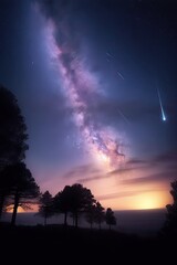 Obraz na płótnie Canvas Meteorite in the sky. A bright meteor against the background of stars. A beautiful falling star. Generative Ai.