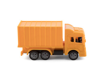 Yellow cargo delivery truck miniature isolated on white background with clipping path