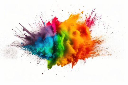 Colourful paint splashes, Coloured powder explosion. Paint Holi, Mix rainbow splash on isolated white background - Generative AI Illustration
