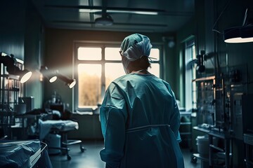 Half body back view of a health care worker standing in a hospital. Non-existent person. Generative Ai.