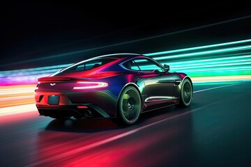 Obraz na płótnie Canvas Futuristic Sports Car On Neon Highway. Powerful acceleration of a supercar on a night track with colorful lights and trails. 3d illustration. Generative Ai.