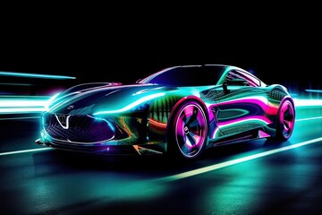 Obraz na płótnie Canvas Futuristic Sports Car On Neon Highway. Powerful acceleration of a supercar on a night track with colorful lights and trails. 3d illustration. Generative Ai.