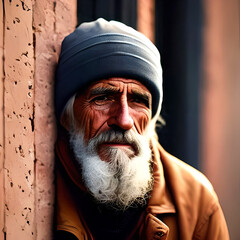 portrait of a homeless man with hat