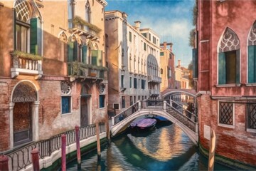Fototapeta na wymiar A watercolor painting of a canal with residences in Venice and a bridge over it. a painting I created on my own. Generative AI