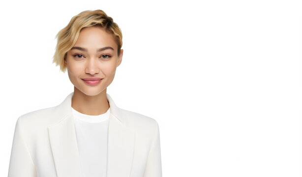 blonde eurasian woman wearing white suit with white background copy space, made with generative ai
