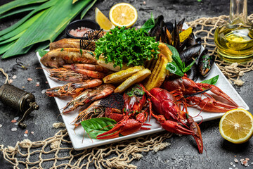 A plate full of cooked crayfish, Traditional Swedish cuisine, Restaurant menu, dieting, cookbook recipe