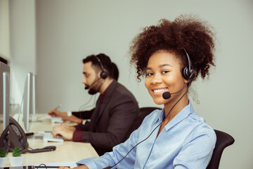 Group of call center business operator customer support team phone services working and talking with headset on desktop computer, Reception secretary answering client phone call at customer service - obrazy, fototapety, plakaty