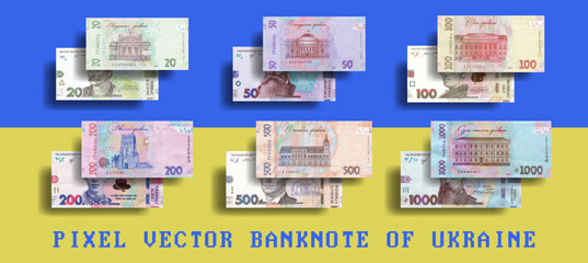 Vector pixel mosaic banknotes of Ukraine. Notes in denominations of 20, 50, 100, 200, 500 and 1000 hryvnia. Ukrainian bills.