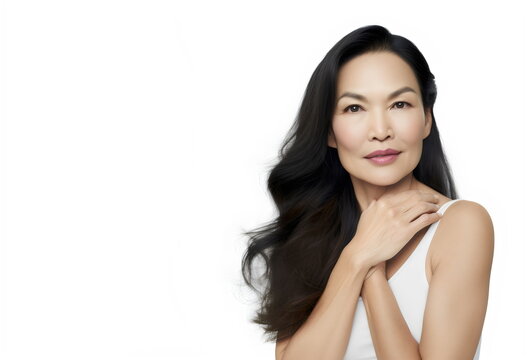 mature asian woman with white background copy space, made with generative ai