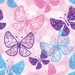 Vector pink spring seamless pattern with flying lacy butterflies, bokeh effect