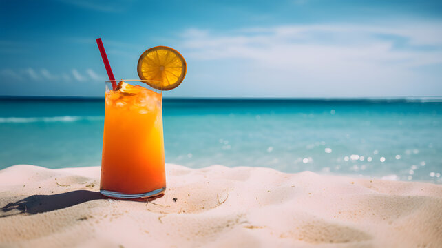 Tropical cocktail on the beach with blue sky and ocean background. Generative AI technology. 