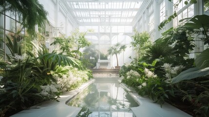 A serene white botanical garden interior featuring calming water elements, created by AI.