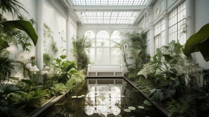 A serene white botanical garden interior featuring calming water elements, created by AI.
