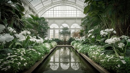 A serene white botanical garden interior featuring calming water elements, created by AI.