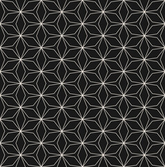 Vector monochrome seamless pattern, subtle repeat geometric floral texture, white thin lines on black background. Abstract mosaic dark wallpaper, simple design element for prints, decor, textile, wrap