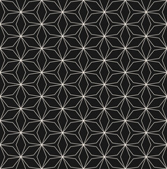 Vector monochrome seamless pattern, subtle repeat geometric floral texture, white thin lines on black background. Abstract mosaic dark wallpaper, simple design element for prints, decor, textile, wrap
