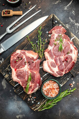 meat, Raw meat pork steaks with seasoning. place for text, top view
