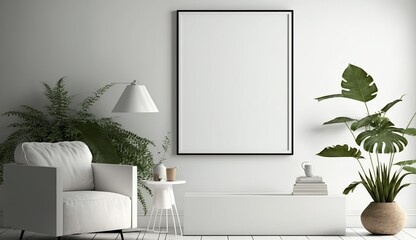 White blank poster mockup in living, scandinavian style, Generative ai