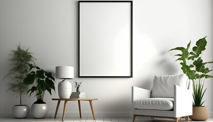 White blank poster mockup in living, scandinavian style, Generative ai