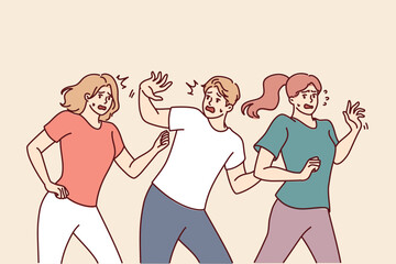 People flee in panic after hearing alarm signal and call for evacuation due start of earthquake. Frightened people in horror try to hide for concept of life threat and uncontrollable phobia 