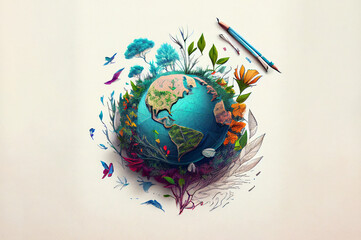 Vector sketch of earth planet. Eco concept. Earth day concept. vintage Illustration of Earth Globe with plants and trees. Earth Nature illustration. Generative Ai