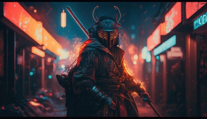 Fototapeta na wymiar Armed samurai and street with blurred neon lights at night on background. Postproducted generative AI digital illustration with non existing person.