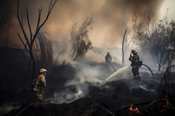 Fototapeta premium Firefighters extinguish a fire in the forest with smoke and flames, Generative AI