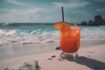 Tropical cocktail on the beach. Generative AI technology. 