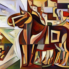 Cubist painting of the wood Trojan horse, as going into the mythical city of Troy, people around, Generative AI