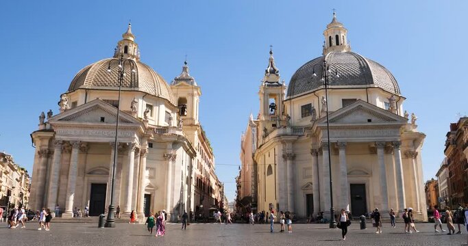 The twin churches of Santa Maria di Montesanto (left) and Santa Maria dei Miracoli (right), seen from Piazza del Popolo.Between the two churches Via del Corso starts, Rome, Italy.