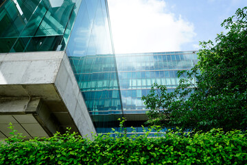 Sustainble green building. Eco-friendly building in modern city. Sustainable glass office building...