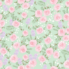 Seamless Pattern with Pink Roses on Green Background