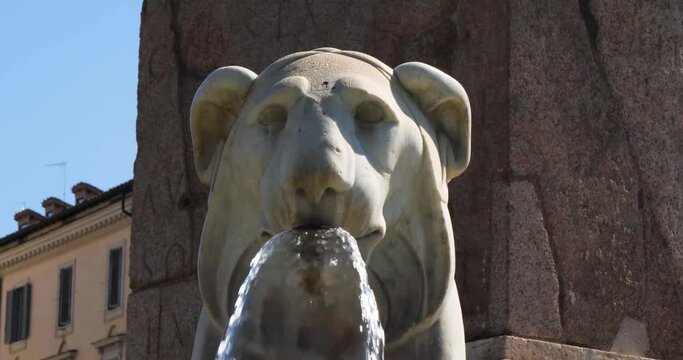 Detail of the Fountain of the Four Lions (Fontana dei Quattro Leoni) Piazza del Popolo, Rome, Italy.