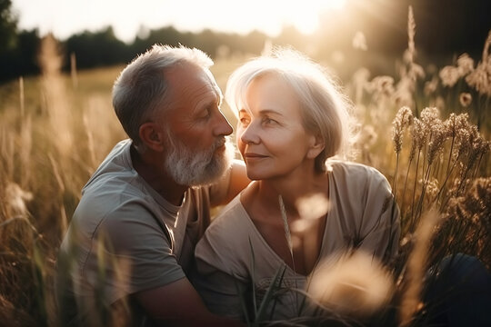 couple of elderly pensioners in love in nature in summer. Generative AI