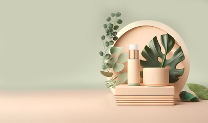 Podium for cosmetics. Eco podium. Cosmetic jars. Podium. Banner. Generative AI.