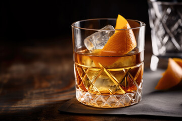 Old fashioned whiskey drink on ice with orange zest garnish