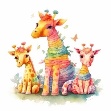 Cute portrait giraffe in cartoon style. Drawing african baby wild face isolated on white background. Watercolor sweet giraffe for kids poster and card. Jungle animal