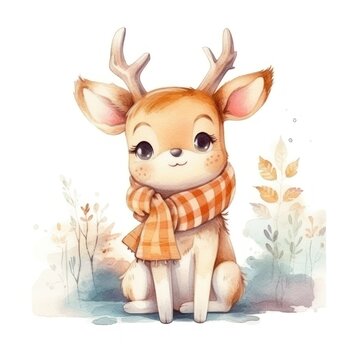Cute portrait of deer. Drawing baby wild face isolated on white background. Watercolor sweet deer for kids poster and card. 