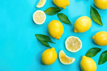 Fresh lemons pattern on a bright blue color background flat lay